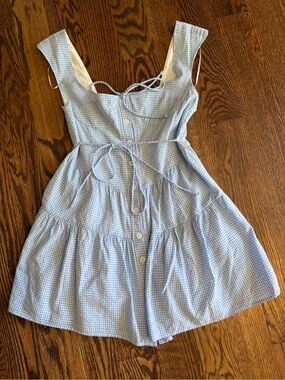 Light Blue Gingham Mini Dress with Tie Waist